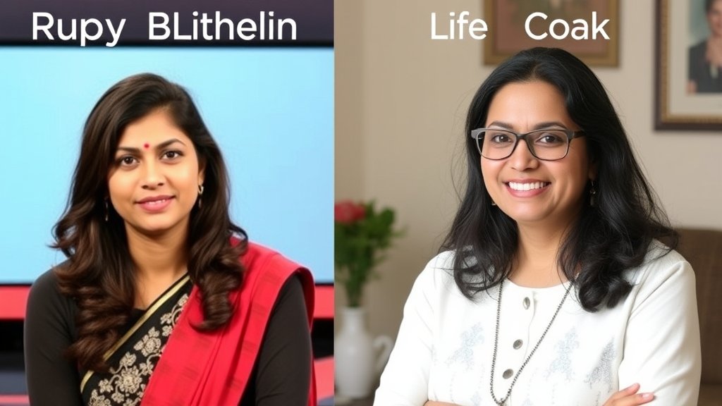 A photo of Ruby Bhatia in her earlier days as a VJ, alongside a recent picture of her as a life coach, with a subtle background that hints at her journey from television to coaching.