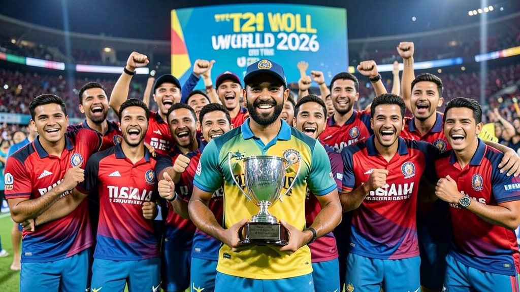 A photo of the Indian cricket team celebrating their win over the USA in the T20 World Cup 2026, with the captain Suryakumar Yadav holding the trophy and the team cheering in the background.