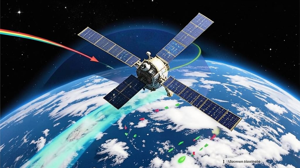 A detailed illustration of a satellite in orbit around the Earth, with a radar beam scanning the clouds and precipitation systems below, highlighting the process of hydrometeor detection.