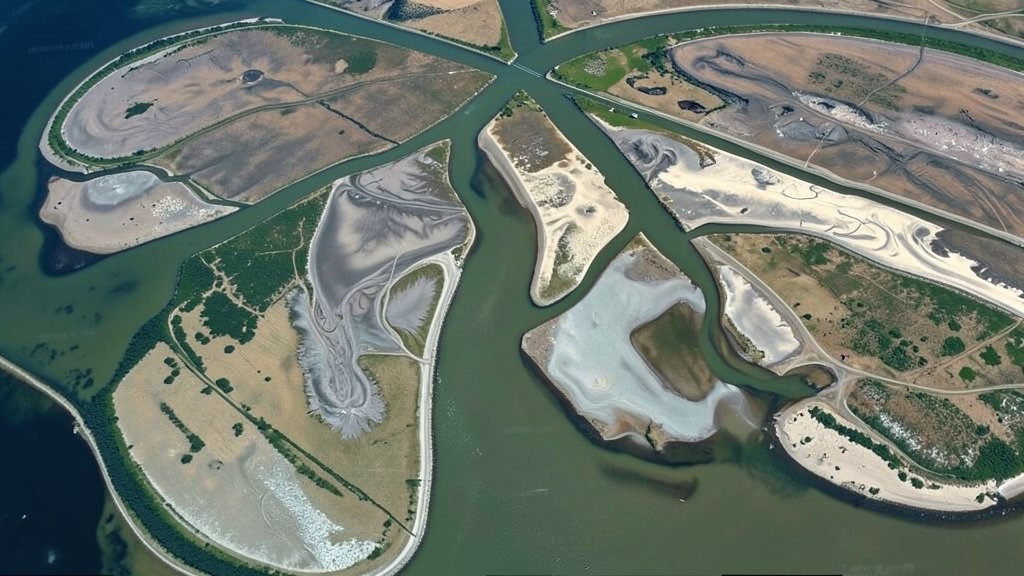 A satellite image of a river delta with visible sediment deposits and floodplain areas, highlighting the complexity of fluvial sediment processes.