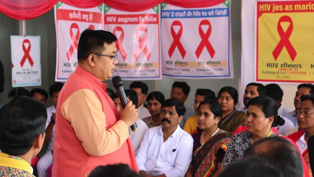 A photo of Mizoram Health Minister speaking at an event, with a background of HIV awareness posters and a crowd of people listening attentively