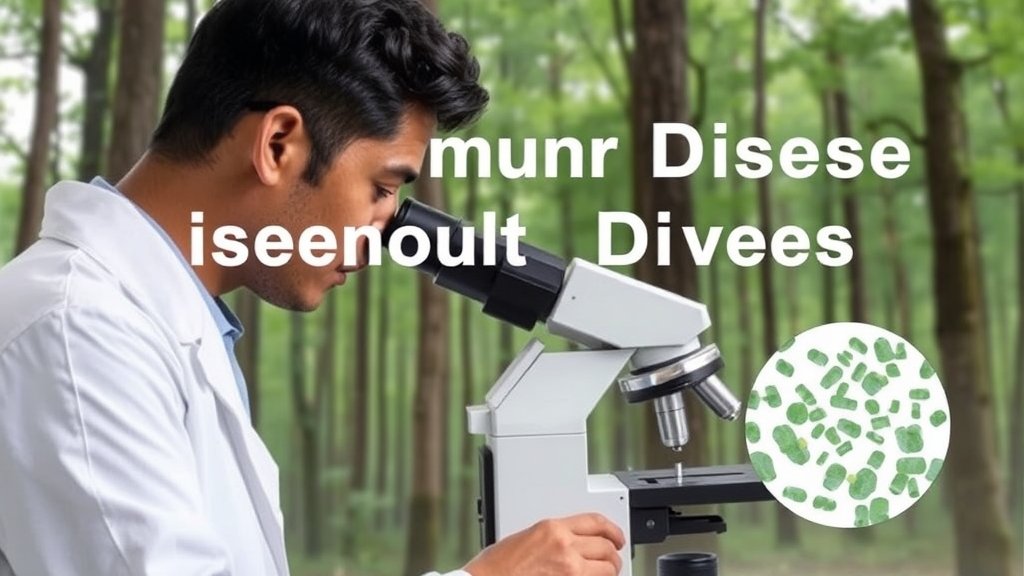 A photo of a scientist in a lab coat working with a microscope, with a background of a forest, representing the development of a vaccine for Kyasanur Forest Disease