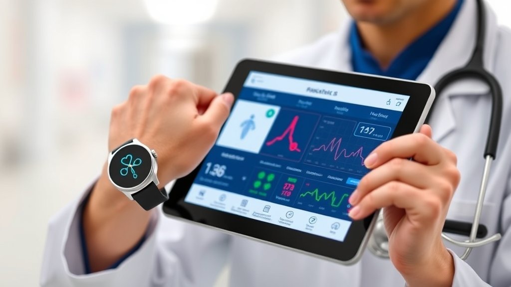 A doctor wearing a smartwatch and holding a tablet with a patient's health data on the screen, with a subtle background of a hospital or clinic.