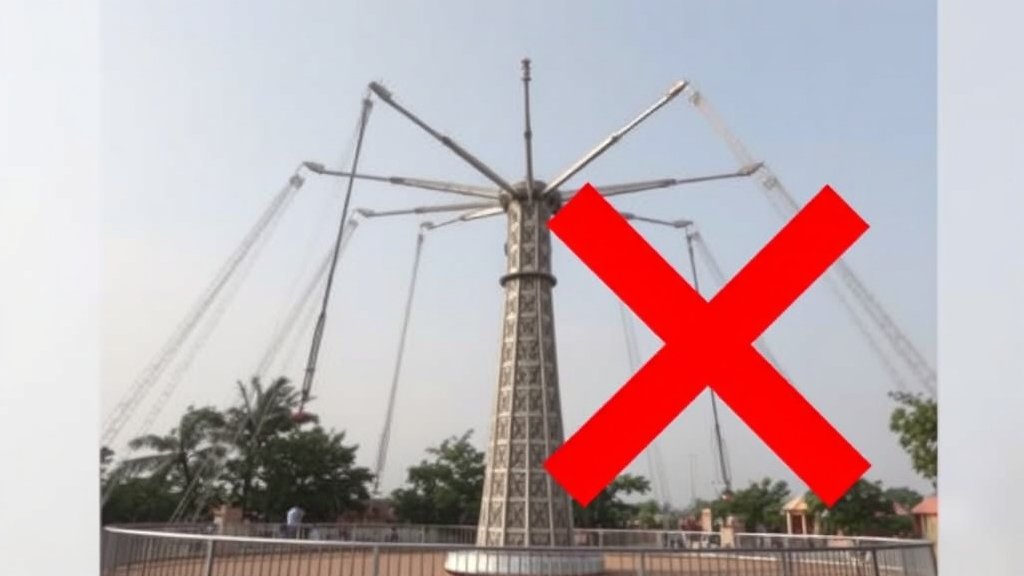 A photo of the Surajkund swing ride with a red X marked through it, symbolizing the tragic accident and the subsequent arrest of the ride operator and staff.