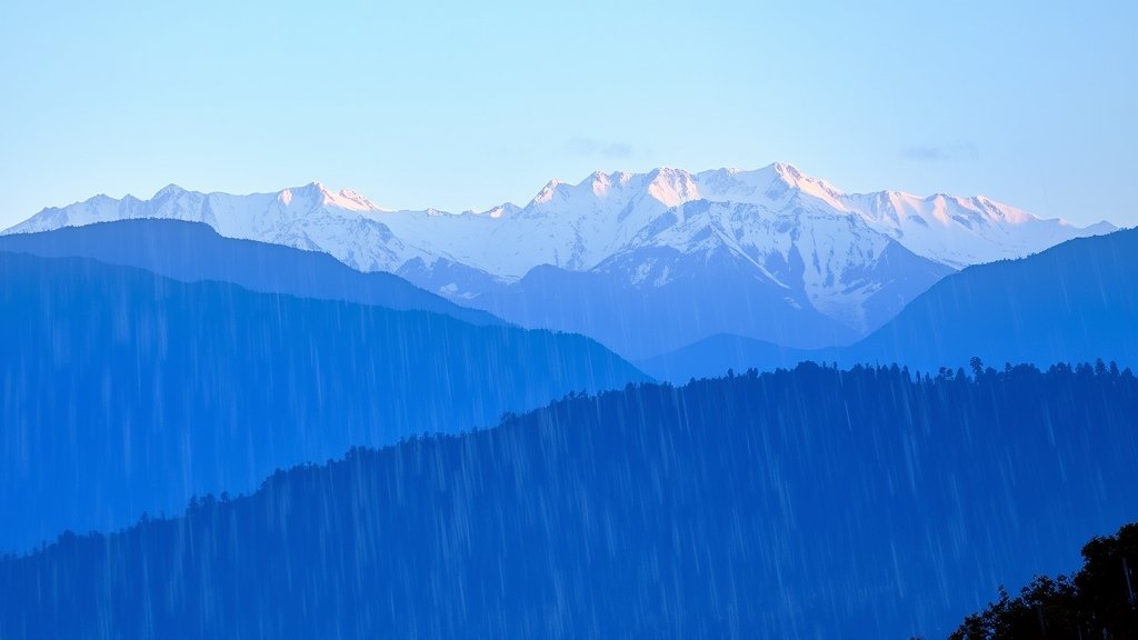 A serene landscape of the Himalayas with snow-capped mountains and a gentle rainfall in the foreground, symbolizing the changing weather patterns in North India