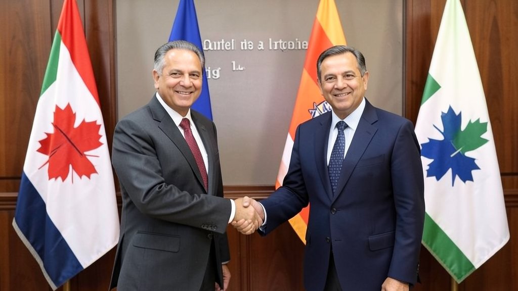A photo of Indian and Canadian officials shaking hands, with a backdrop of flags of both countries, symbolizing cooperation and friendship between the two nations.