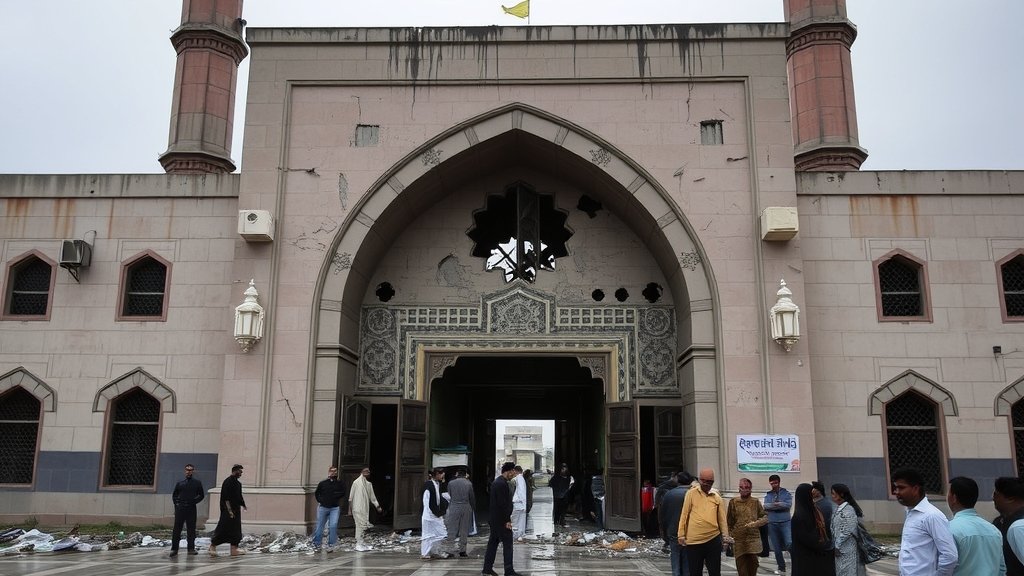A somber image of a mosque in Pakistan with a damaged entrance and people gathered outside, conveying a sense of tragedy and concern.