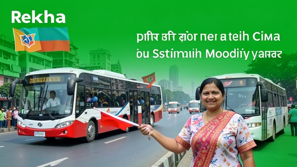 A photo of Delhi CM Rekha Gupta flagging off electric buses with a green background and a cityscape, highlighting the importance of sustainable mobility in urban areas.