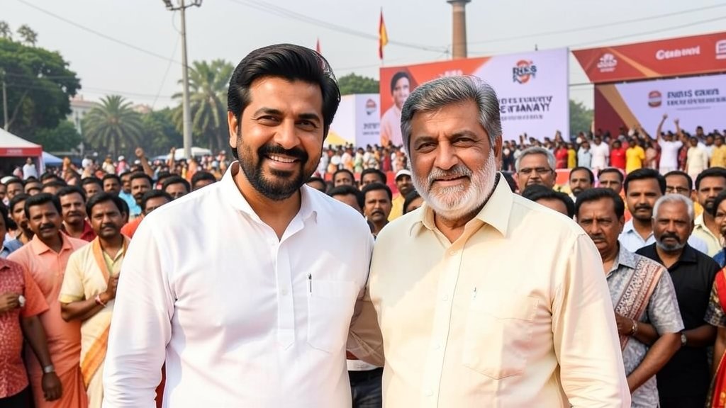 A photo of Salman Khan and Mohan Bhagwat together at the RSS centenary event in Mumbai, with a crowd of people in the background
