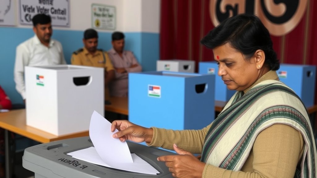 A photo of a person casting their vote in a polling booth in West Bengal, with a backdrop of election officials and voting machines.