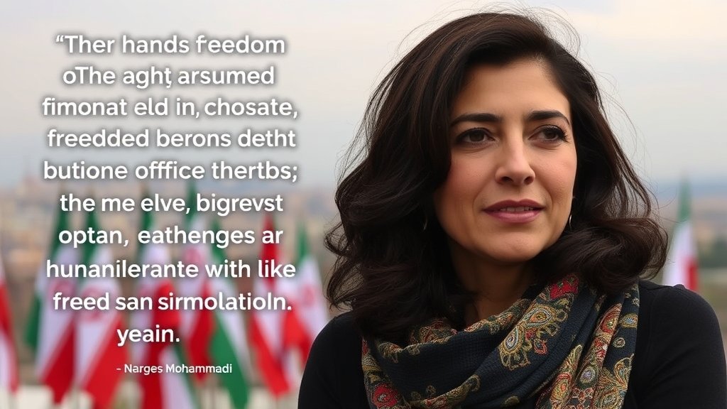 A photo of Narges Mohammadi with a quote about human rights and freedom, with a subtle background of Iranian flags or Tehran cityscape