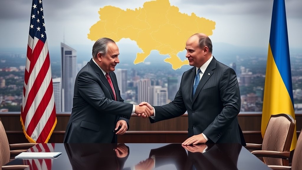 A photo of a diplomatic meeting between representatives of the US, Russia, and Ukraine, with a cityscape or a map of the region in the background, symbolizing the complex geopolitical dynamics at play.