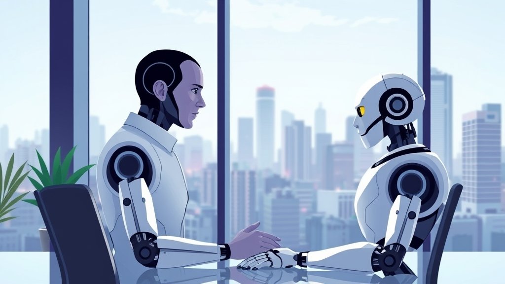 A futuristic illustration of a human and a robot collaborating in a modern office, with a cityscape in the background, highlighting the impact of anthropic AI on the Indian IT sector.