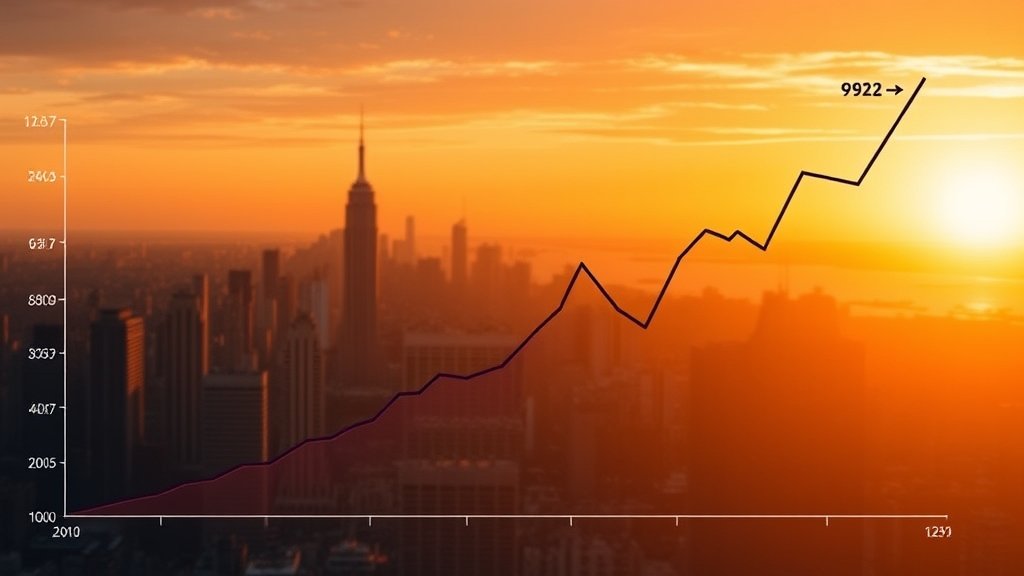 A graph showing the fluctuation of Bitcoin prices over the past year, with a background of a cityscape at sunset, symbolizing the rise and fall of the cryptocurrency market.