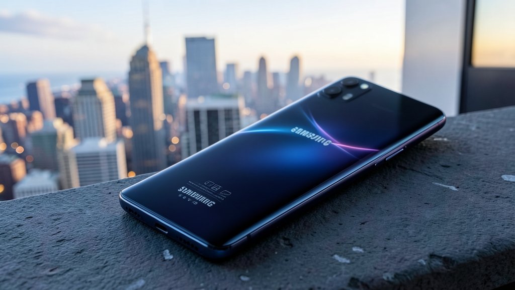 A high-quality image of the Samsung Galaxy S26 Ultra smartphone with a cityscape background, highlighting its sleek design and advanced features
