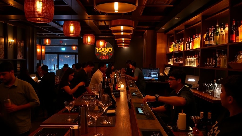 A dimly lit bar in Delhi with a Japanese-inspired cocktail menu and a bartender expertly mixing drinks, surrounded by a lively atmosphere and patrons enjoying their drinks.