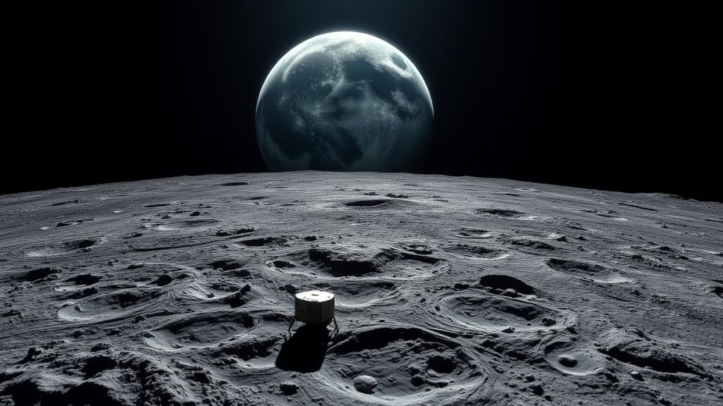 A high-resolution image of the Moon's surface with a spacecraft landing site in the foreground, and the Earth visible in the background.