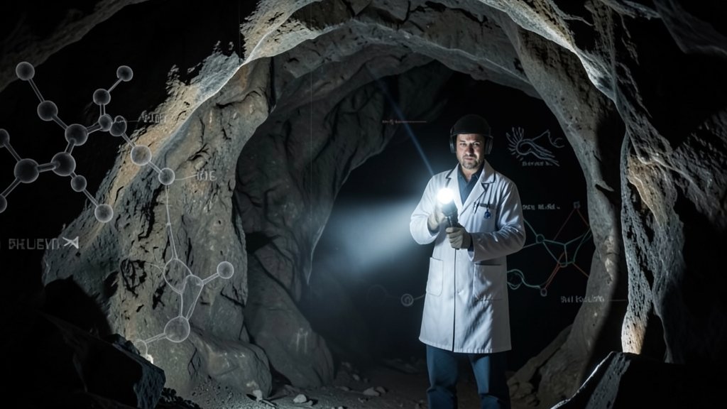 A scientist standing in front of a cave entrance with a flashlight in hand, with a subtle background of a molecular structure or a biological diagram