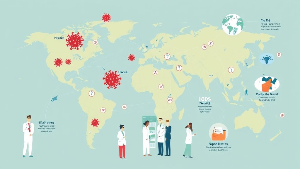 A graphic illustration showing the spread of infectious diseases around the world, with a focus on Nipah virus, measles, and flu, including images of doctors, nurses, and researchers working together to combat these diseases.