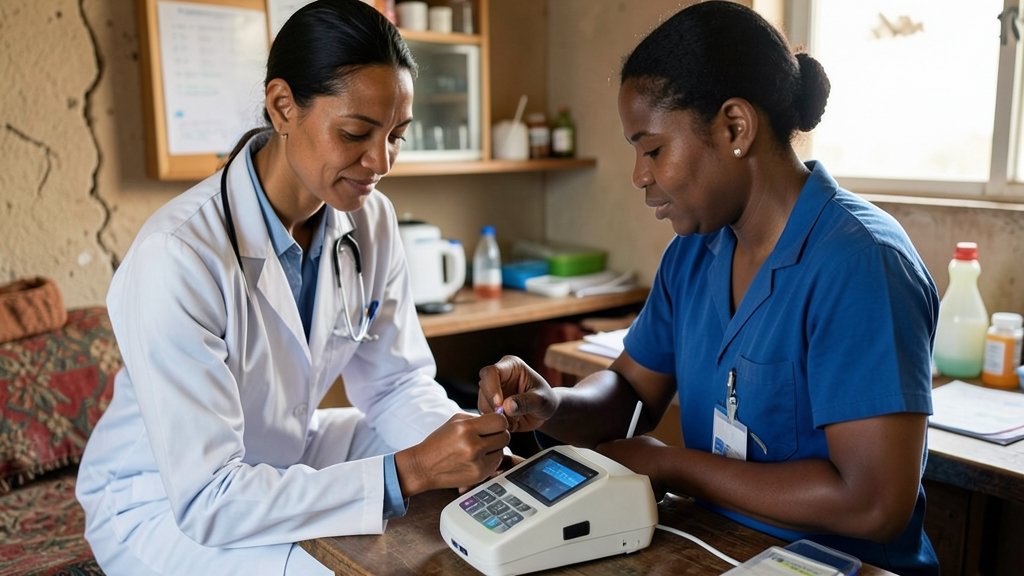 A medical professional conducting a finger-stick test for hepatitis B in a remote or underserved community, with a background of a laboratory or a medical facility, highlighting the accuracy and accessibility of the new point-of-care DNA testing technology.
