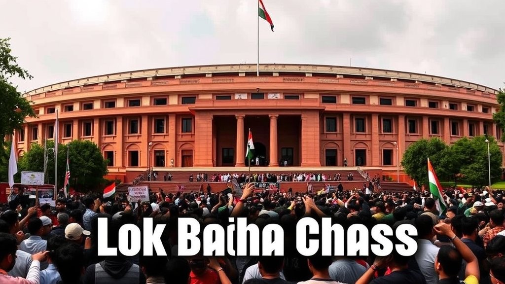 A photo of the Indian Parliament building with a crowd of people protesting in the foreground, with a caption "Lok Sabha Chaos"