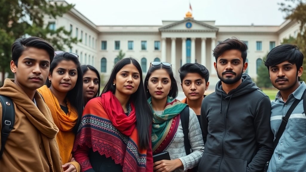 a photo of a group of Indian students standing together, with a Russian university building in the background, and a subtle hint of concern on their faces