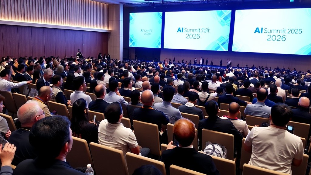 A photo of a packed conference hall with attendees from various countries, with a large screen displaying the AI Summit 2026 logo in the background.