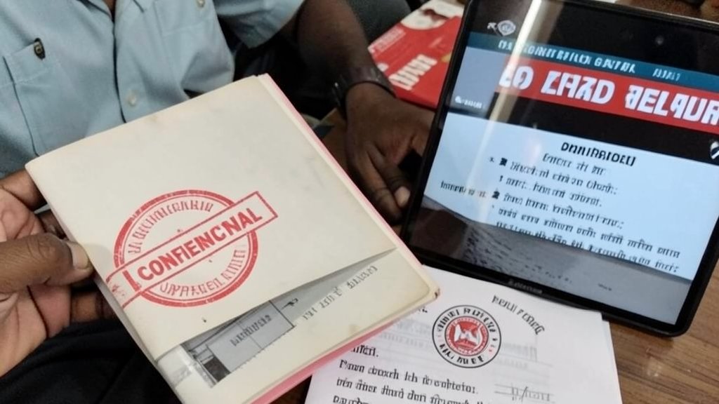 A photo of a person holding a book with a red stamp that says "Confidential" or "Unpublished" in the background, with a Delhi Police logo or a news headline about the story on a screen or paper nearby.