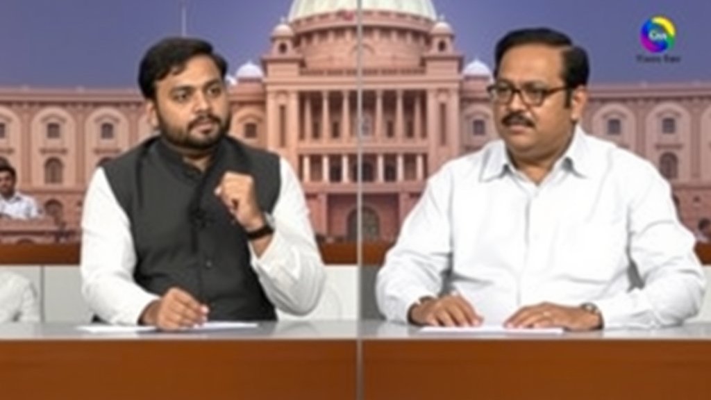 A photo of Gaurav Gogoi and Himanta Biswa Sarma in a debate or a press conference, with a background of the Assam state assembly or a news channel logo