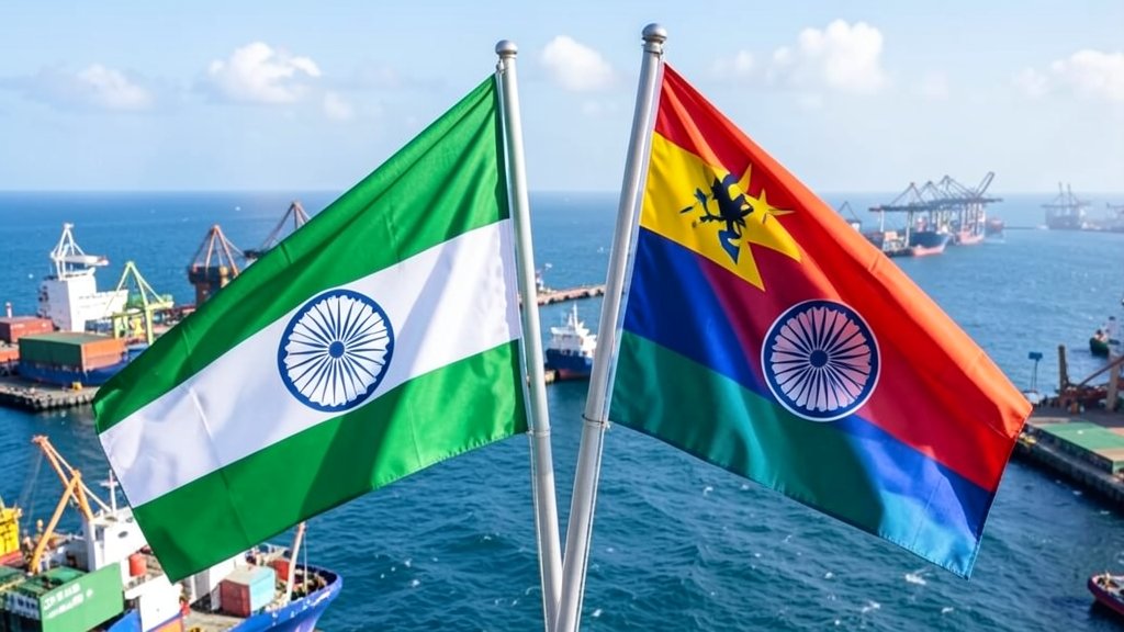 A photo of the Indian and Seychelles flags waving together, with a background of a bustling port or a scenic ocean view, symbolizing the growing economic ties between the two nations.