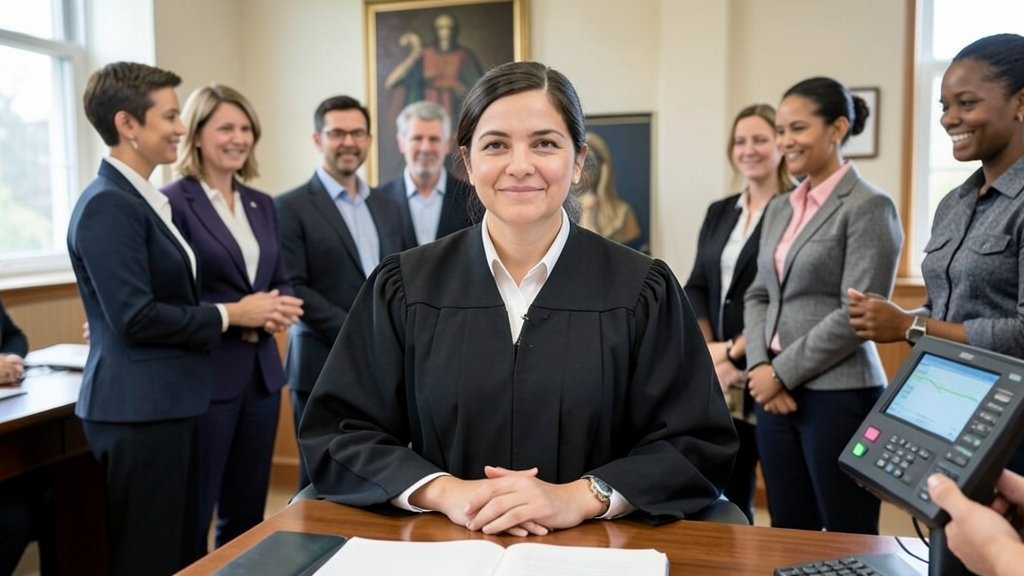 A photo of a visually challenged woman in a judge's robe, with a confident expression, in a courtroom setting, surrounded by supportive people and accessible technology.