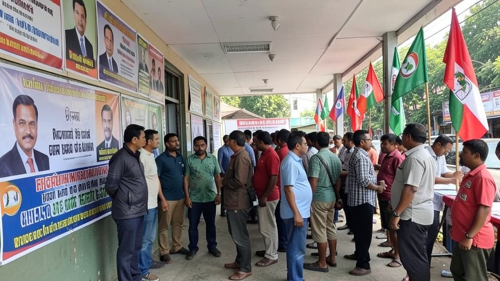 A photograph of a polling station in Bangladesh with voters waiting in line, surrounded by campaign posters and flags of different political parties