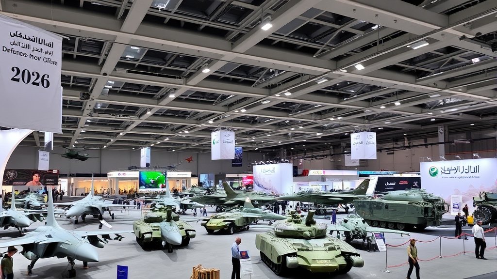 A photo of the World Defense Show 2026 exhibition hall in Riyadh, with various military equipment and technology on display, including fighter jets, tanks, and drones.