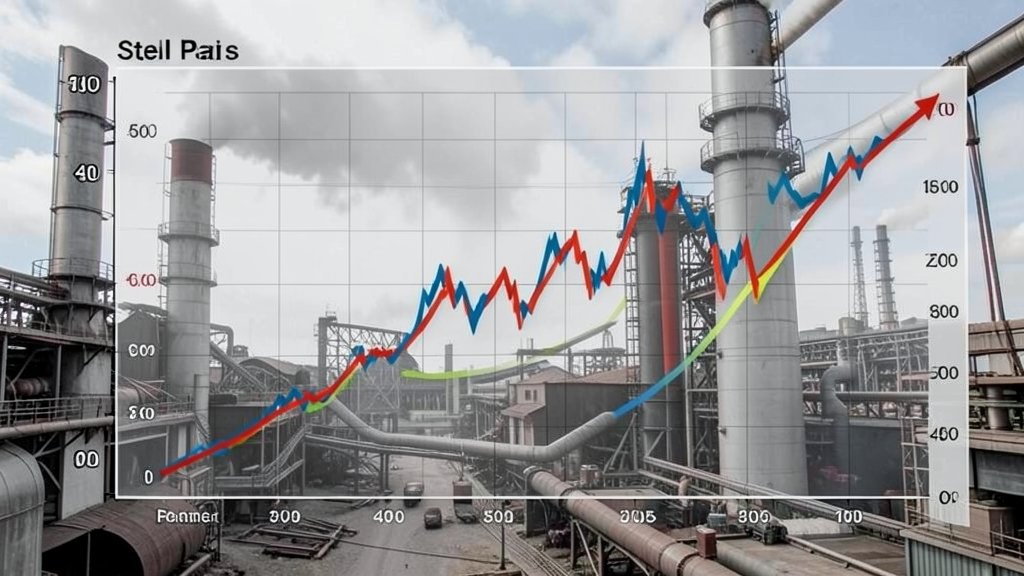 A photo of a steel factory with a graph showing the fluctuation in steel prices in the background