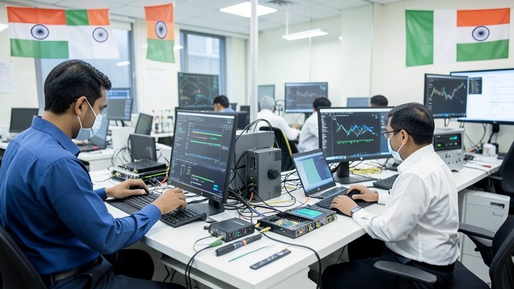A photo of a modern Indian tech laboratory with engineers working on advanced hardware and software projects, with a subtle background of Indian flags and technological gadgets.