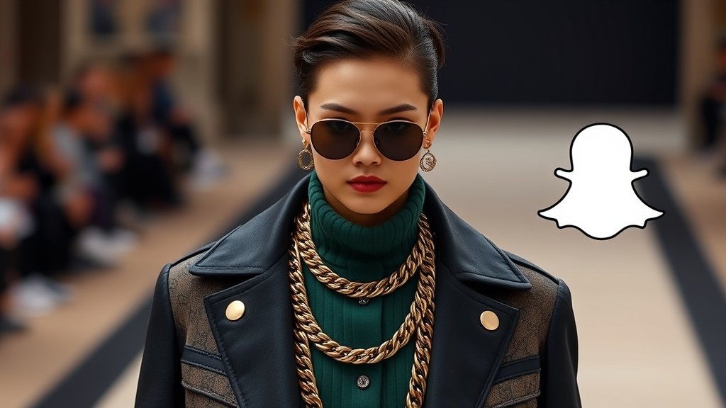 A high-end fashion model wearing Gucci clothing and accessories, with a Snapchat filter or lens applied, showcasing the brand's luxury and technological innovation.