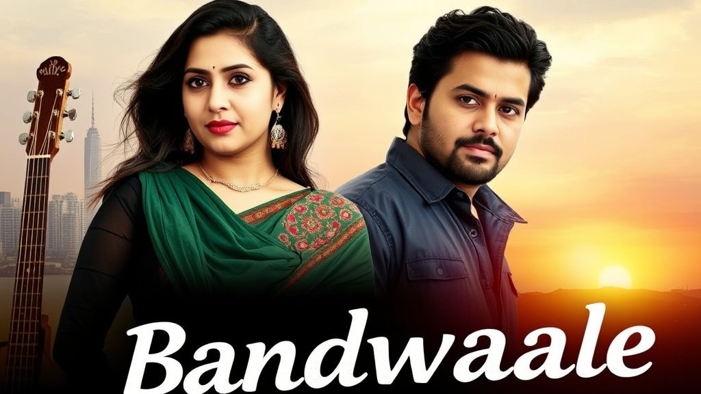 A poster of the movie Bandwaale with the lead actors Shalini Pandey and Zahan Kapoor, with a musical instrument in the background and a cityscape at sunset.