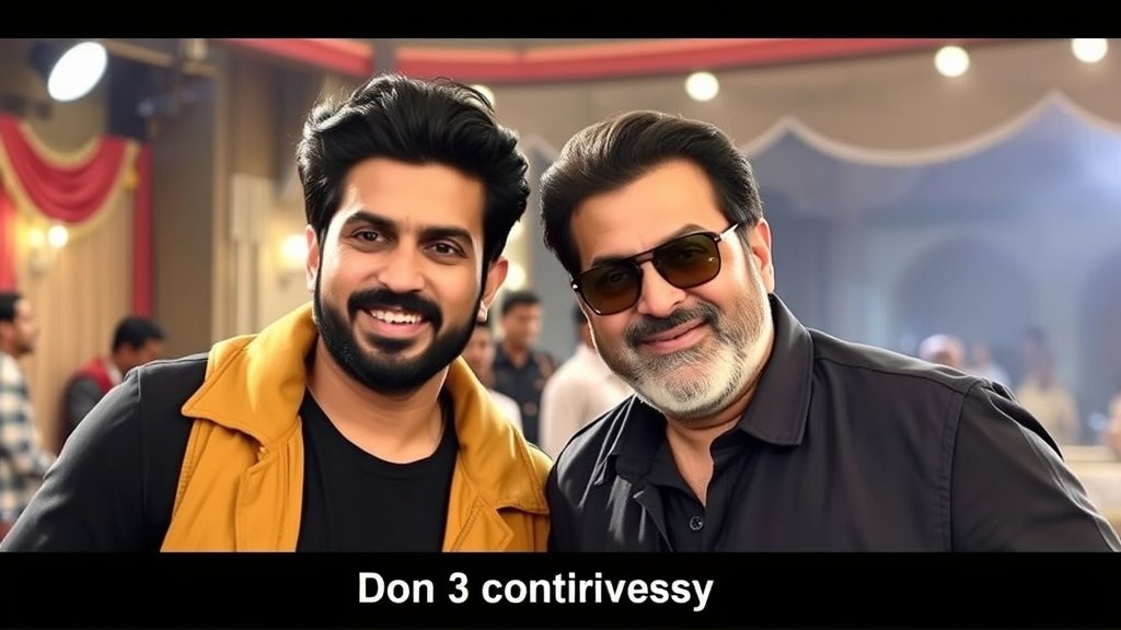 A photo of Ranveer Singh and Farhan Akhtar together, with a Bollywood movie set in the background, and a caption that reads "Don 3 controversy"