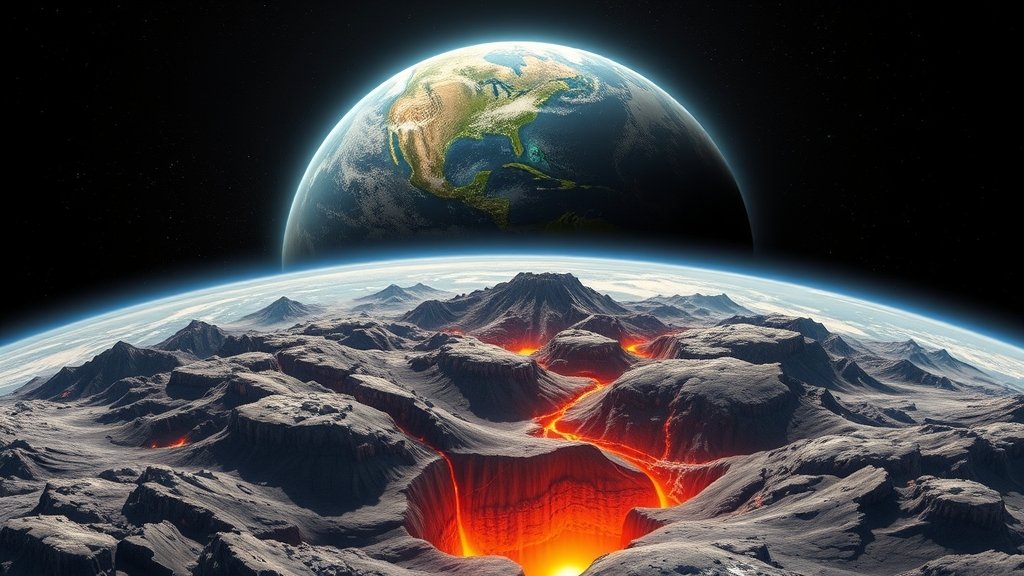 An illustration of the Earth's mercury cycle, with a large igneous province in the background, and a subtle hint of the Valanginian Weissert Event's impact on the environment