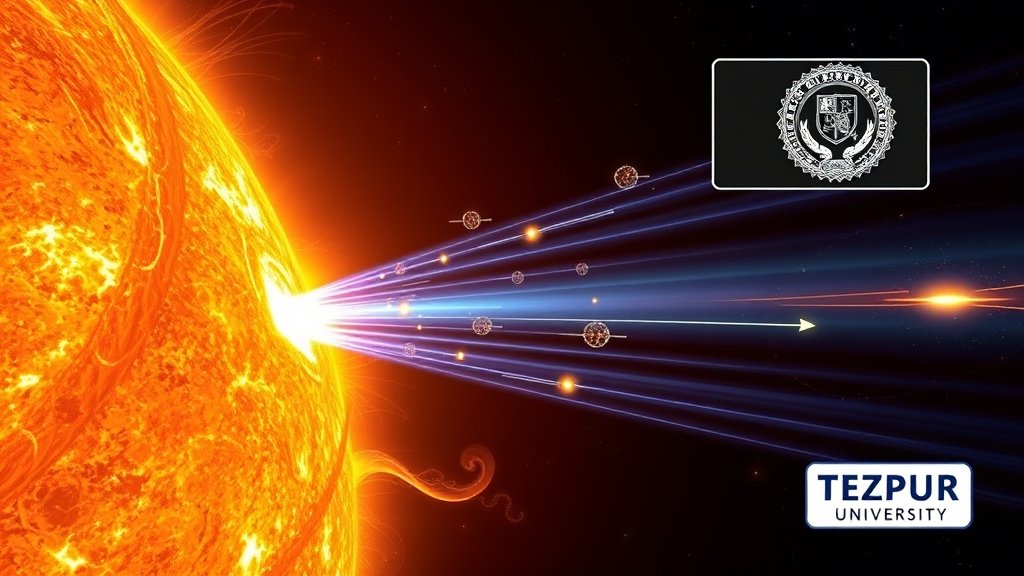 a detailed illustration of the sun's interior with high-energy electrons interacting with solar oscillations, including a small inset of the Tezpur University logo