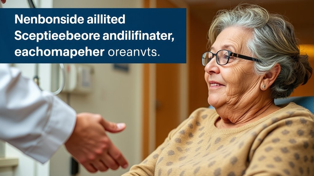 A photo of a cancer patient receiving financial aid and support from a non-profit organization, with a subtle background of a hospital or a medical facility.