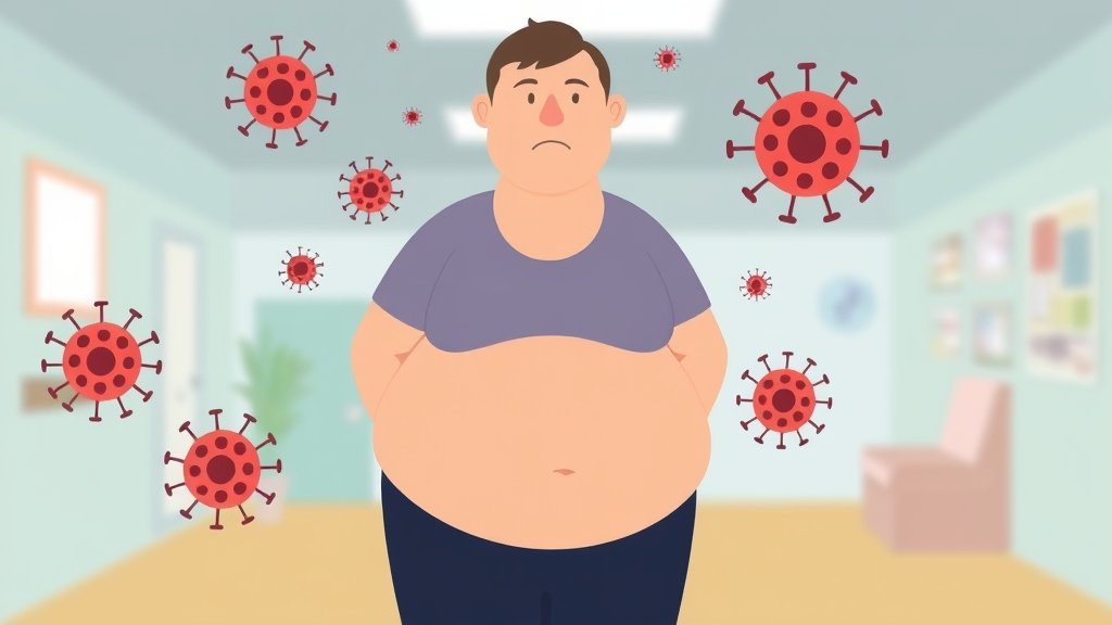 A simple illustration of a person with obesity surrounded by viruses or bacteria, with a subtle background of a hospital or medical setting, conveying the link between obesity and increased infection risk.