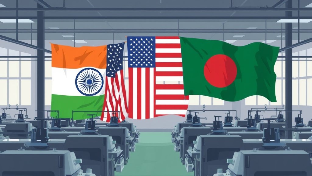 An illustration of a textile factory with Indian and American flags in the background, with a subtle image of a Bangladeshi flag being raised, symbolizing the shift in trade dynamics