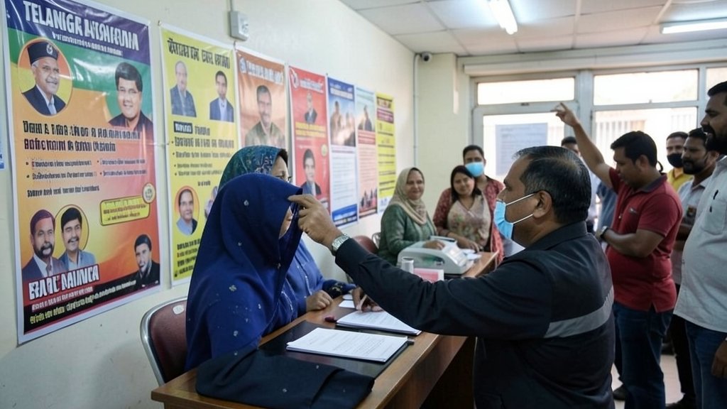 A photo of a person casting their vote in a polling station in Telangana, with a backdrop of election posters and a sense of excitement and anticipation in the air.