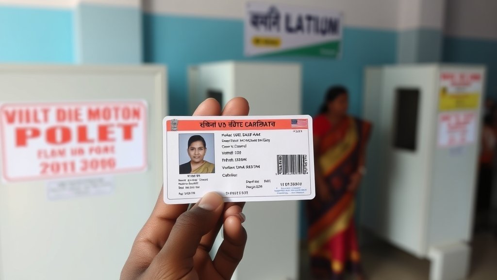 A photo of a person holding a voter ID card with a background of an election booth in Assam, India