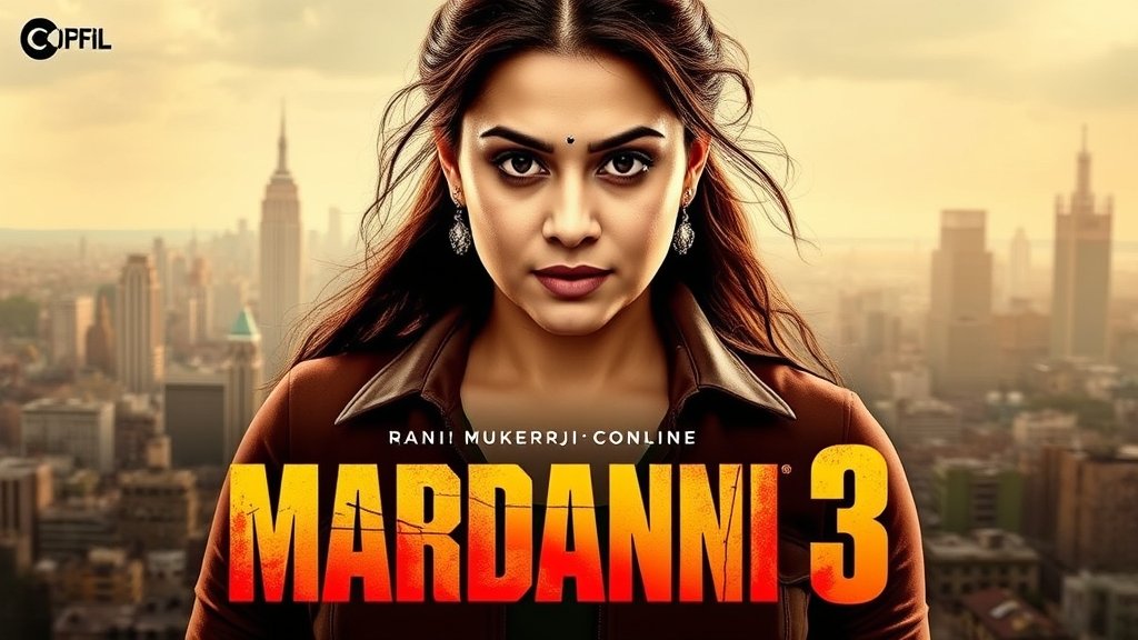 A poster of the movie Mardaani 3 with Rani Mukerji in the lead role, with a cityscape in the background and a bold font highlighting the movie's title.