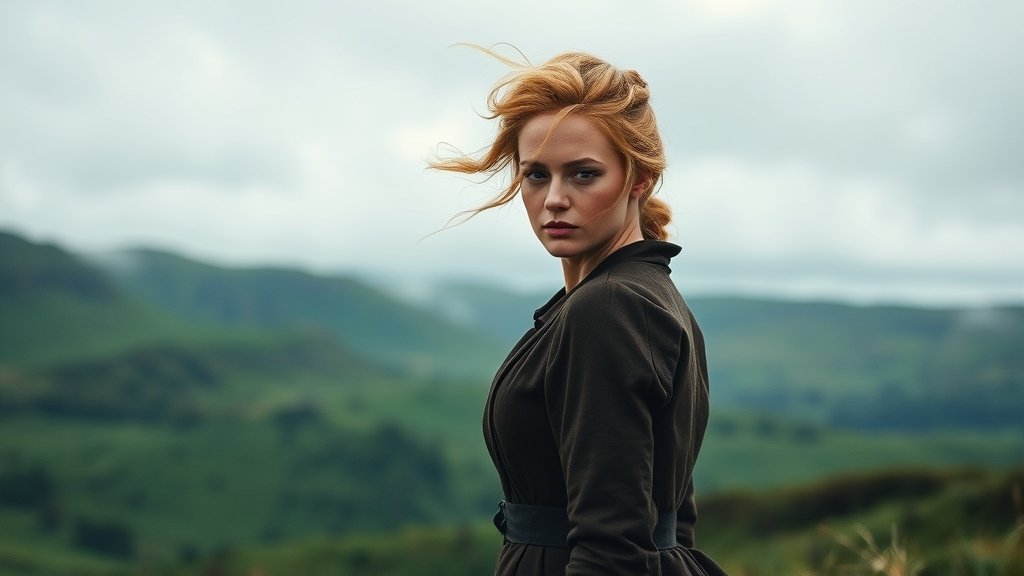 A cinematic image of Margot Robbie as Catherine Earnshaw, standing atop a windy moor, with a intense and emotional expression, surrounded by the lush greenery of the Yorkshire moors.