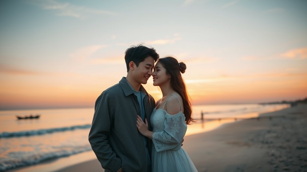 A romantic Korean couple standing together on a beautiful beach at sunset, with a subtle hint of a reality TV show setting in the background.