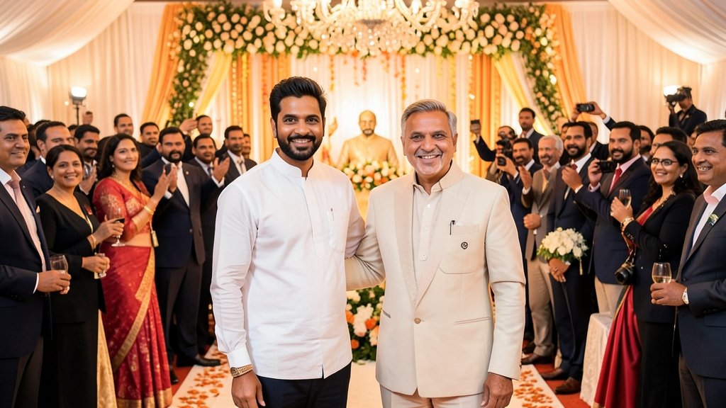 A photo of Sachin Tendulkar and Arjun Tendulkar with PM Narendra Modi at the wedding ceremony, with a backdrop of a luxurious wedding venue and a crowd of celebrities and politicians in attendance.