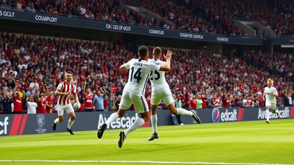 A dramatic photo of a football player scoring a goal in the last minute of a match, with the stadium crowd in the background cheering and the player celebrating with his teammates.